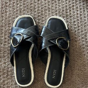 NYDJ Black Leather Slide Sandals with Gold Ring Detail